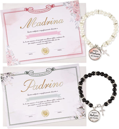 2 Set Certificato Padrino E Madrina Battesimo Diploma Biglietti Buste Braccialetto Padrino E Madrina Battesimo Perline Bracciale Regalo Battesimo Decorazione Comunione Nascita Baby Shower Fai Da Te