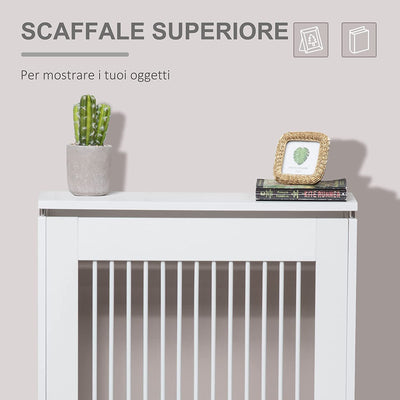 Copritermosifone a Doghe Moderno Ed Elegante per La Casa, in MDF E Acciaio, 60X18X84Cm, Bianco