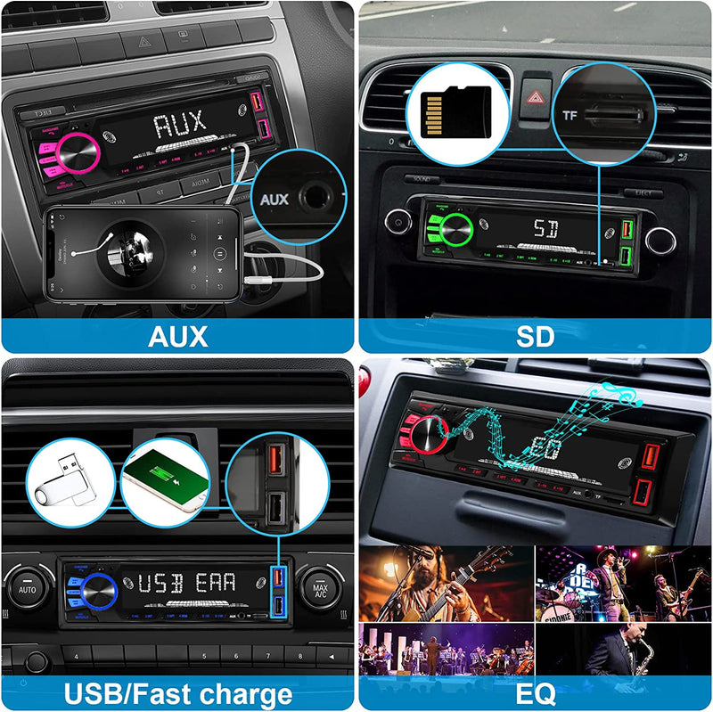 Autoradio 1 Din, Radio Auto Stereo  4X50W Con Bluetooth Vivavoce Con App Control Supporta FM/ Mp3/Sd/Aux-In/Eq/Display Orologio/Telecomando, Due Porte USB