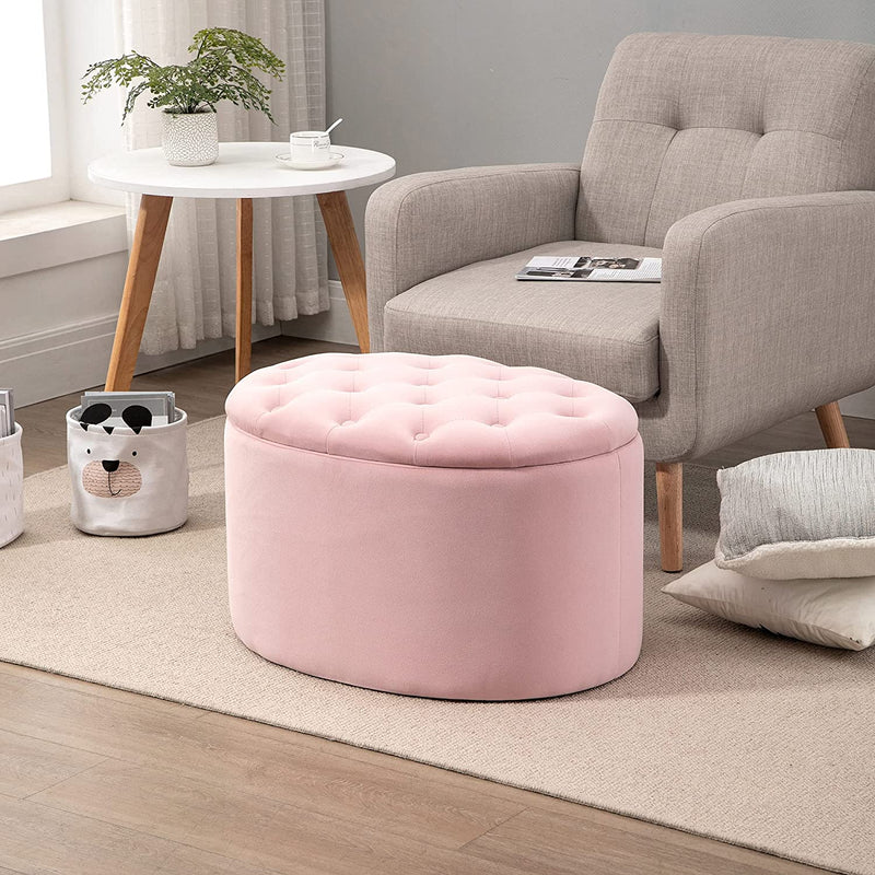 Pouf Contenitore Con Coperchio Imbottito E Trapuntato, Poggiapiedi in Velluto Ovale per Salotto E Camera Da Letto, Rosa