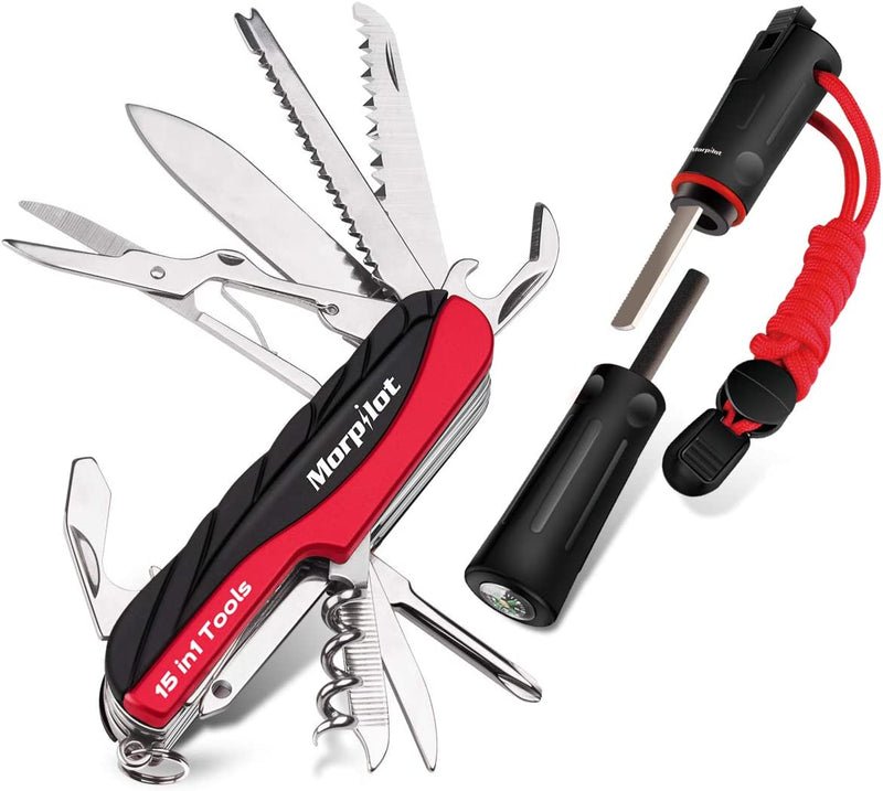 Coltello Svizzero E Pietra Focaia Set 15 in 1 Coltello Multiuso E 5 in 1 Fire Starter Con Fischietto E Bussola per Il Campeggio, Escursioni E Emergenza