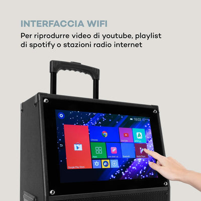 Pro KTV - Cassa Karaoke, Con 2 Microfoni UHF Senza Fili, Display Touch, Wifi, Bluetooth, 2X Porte USB, SD & Micro-Sd, HDMI, AUX, Batteria, Presa Trolley, Eco, Telecomando, 2 Prese Di Trasporto