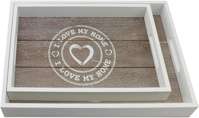 ® 2X Vassoio in Legno - Vassoio Rettangolare in Legno Con Motivo "I LOVE MY HOME" in Diverse Dimensioni - Vassoio Shabby Chic Con Manici (02 Pezzi - "I LOVE MY HOME")