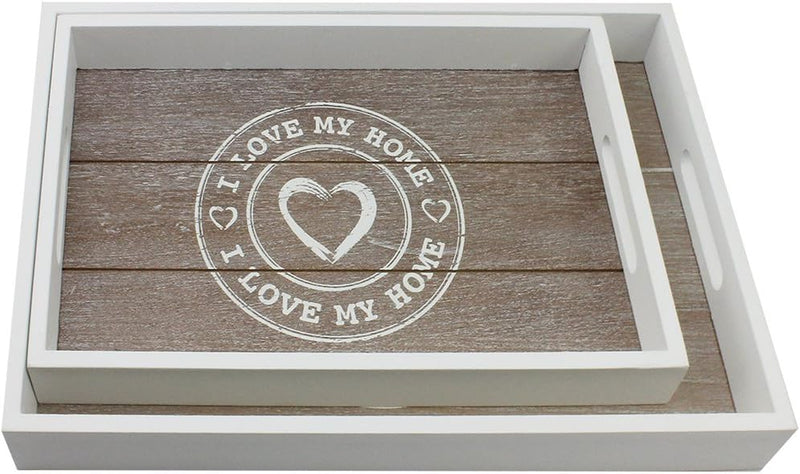 ® 2X Vassoio in Legno - Vassoio Rettangolare in Legno Con Motivo "I LOVE MY HOME" in Diverse Dimensioni - Vassoio Shabby Chic Con Manici (02 Pezzi - "I LOVE MY HOME")