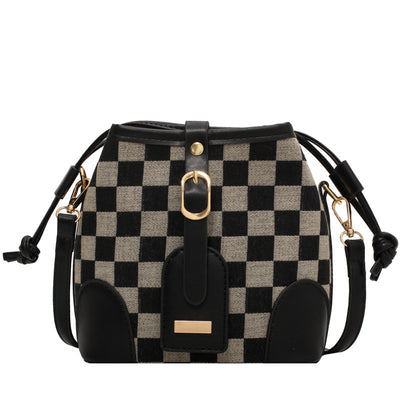 Checkered Drawstring Personality Bucket Bag Shoulder Bag Messenger Bag