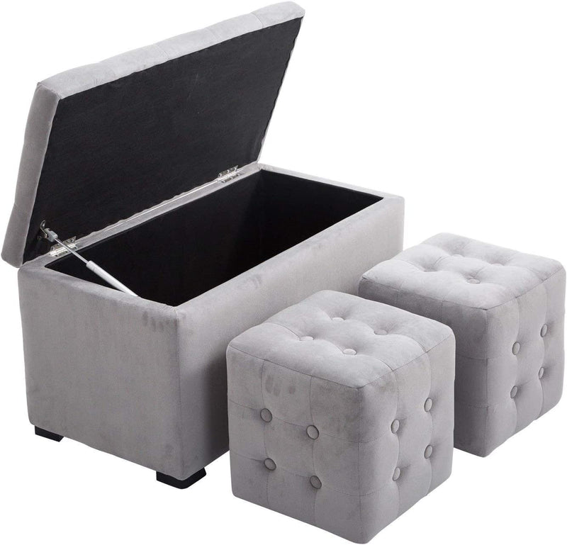 Cassapanca Portaoggetti Set Di 3 Pezzi Con 2 Sgabelli Pouf in Velluto, Grigio Perla