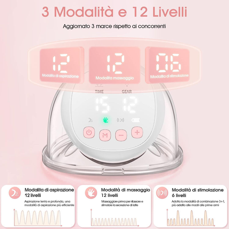 Tiralatte Elettrico, 2023 Aggiornato Tiralatte Elettrico Indossabile 12 Livelli E 3 Modalità Con Display LCD E Telecomando, Tiralatte Neonati Elettrico Con Funzione Memoria, Senza BPA