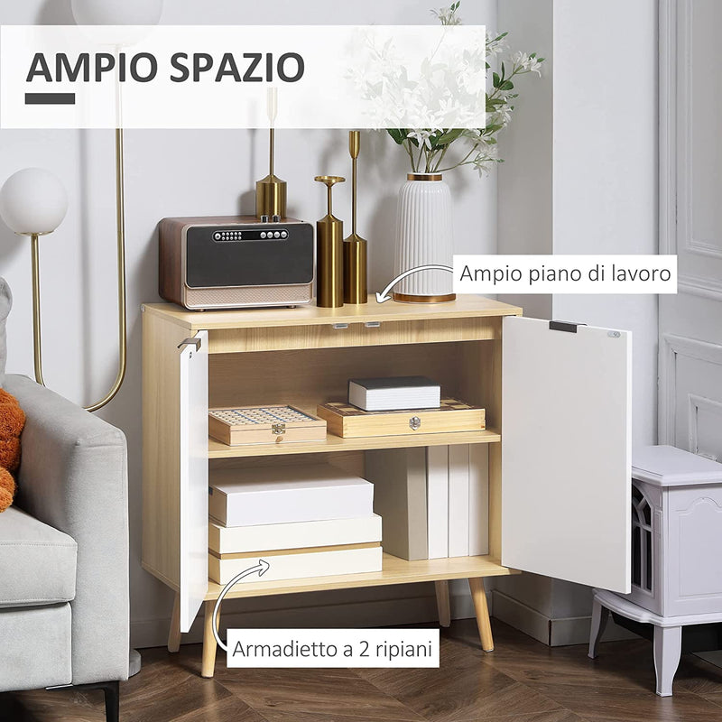 Mobiletto Multiuso Moderno in Truciolato E Legno Di Pino Con Ripiano Interno Regolabile Su 3 Livelli, Mobile per Ingresso Soggiorno Cucina E Bagno, 77X35X77.5 Cm