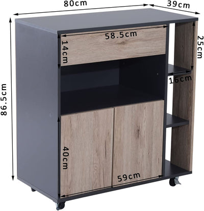 Mobiletto Ausiliario Da Cucina Multiuso in Legno Con Ruote 80 X 39 X 86.5Cm