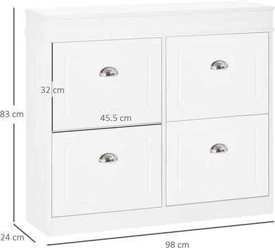 Scarpiera Salvaspazio in Legno 4 Cassetti a Ribalta Con Mensola Regolabile per 32 Scarpe, 98X24X83Cm, Bianco