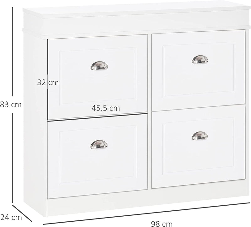 Scarpiera Salvaspazio in Legno 4 Cassetti a Ribalta Con Mensola Regolabile per 32 Scarpe, 98X24X83Cm, Bianco