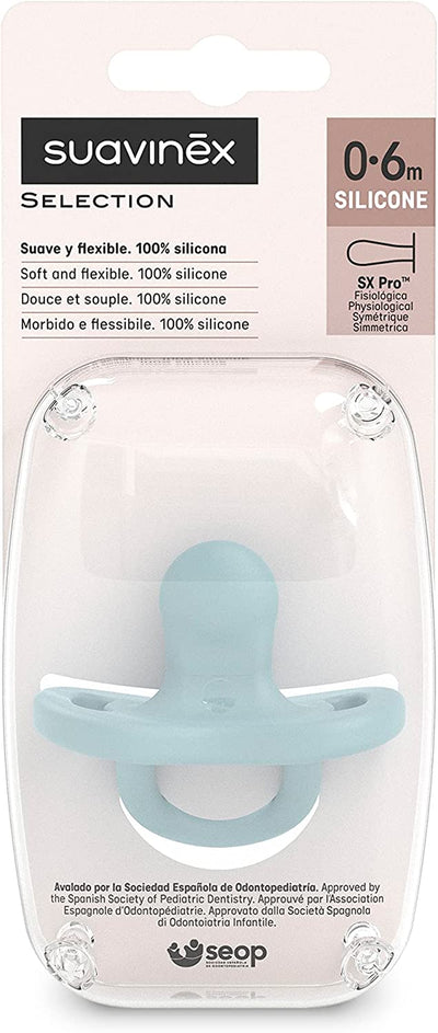 , Ciuccio Tutto in Silicone, per Bambini 0/6 Mesi, Ciuccio Con Tettarella Simmetrica Sx Pro, Super Morbido E Flessibile, Ideale per Dormire, Color Essence, Acqua