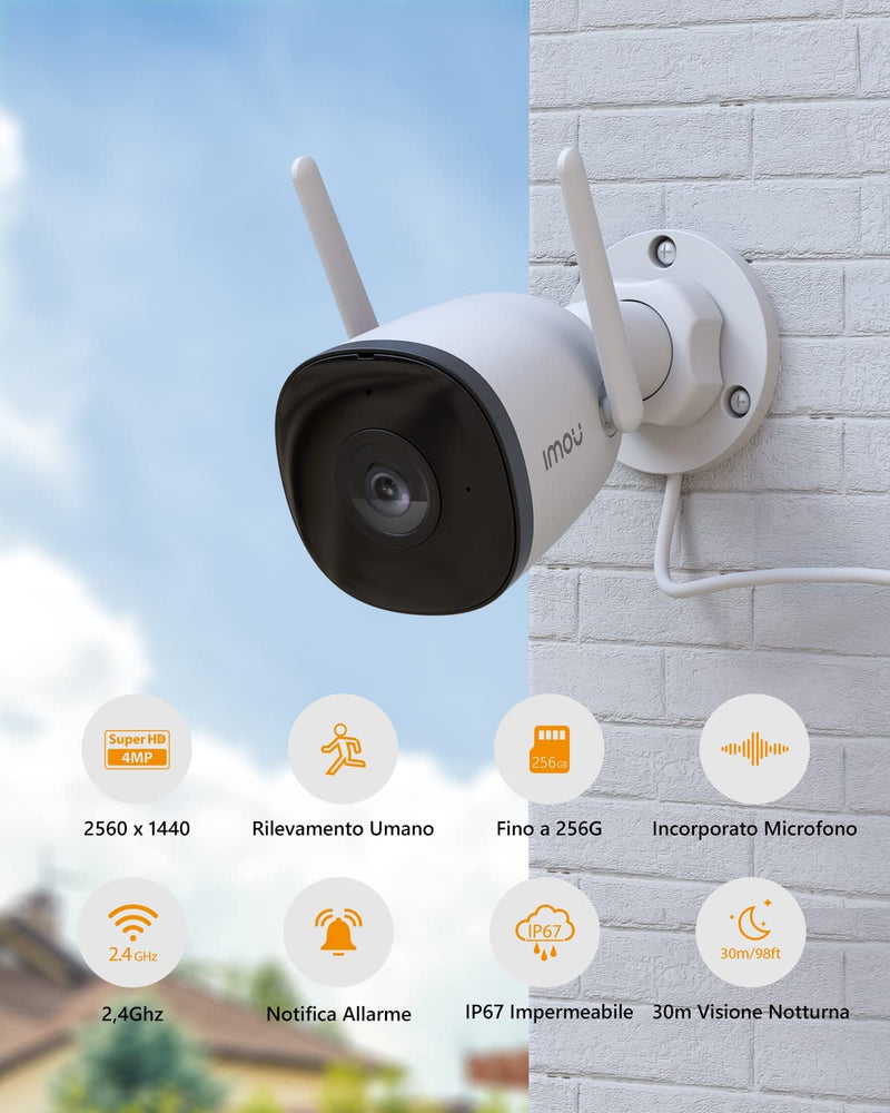 Videocamera Sorveglianza Da Esterno Wifi 4MP Con Rilevamento Umano, Impermeabile IP67, Visione Notturna 30M, Compatibile Con Alexa, 2,4G, Bullet 2C 4MP