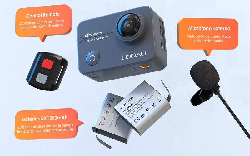 Action Cam Nativo 4K 60Fps 20MP Touch Screen Wi-Fi Videocamera Con Zoom 8X Nuova EIS Anti-Shake, Custodia Fotocamera Subacquea Impermeabile 40M, Regolabile Microfono Esterno, 2X1350Mah Batterie