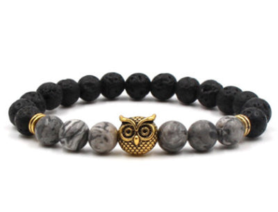 Foreign Trade Aliexpress Best Selling 8Mm Natural Stone Black Lava Volcanic Stone Bracelet Gold Alloy Owl Bracelet