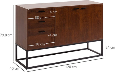 Mobile Buffet Stile Industriale Con Armadietto 2 Ante E 3 Cassetti, Madia in Legno E Acciaio Con Mensole Regolabili, 120X40X83Cm, Marrone