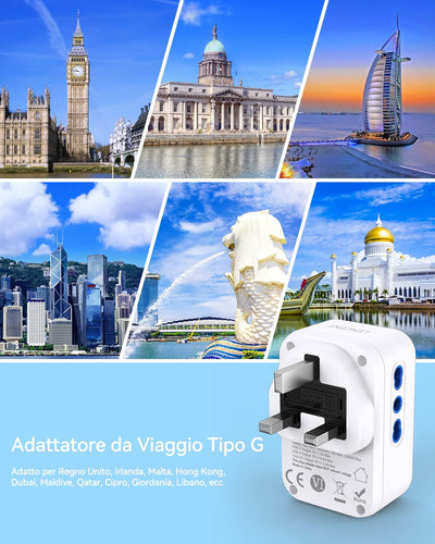 Adattatore Presa Inglese Da Viaggio, Adattatore Spina UK Con 3 Presa Schuko & 3 Porte USB & 1 Porta Tipo C, Adattatore Da Muro Inglese a Spina Italiana per Gran Bretagna, Irlanda, India -2500W