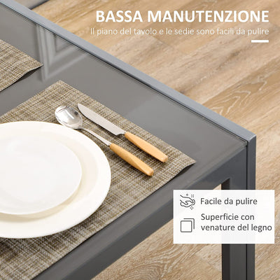 Set Da Pranzo 5 Pezzi Con 1 Tavolo Da Pranzo E 4 Sedie Moderne per Cucina O Sala Da Pranzo in Similpelle, Metallo E Vetro Temperato, Grigio