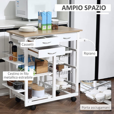 Carrello Con Ruote Da Cucina Salvaspazio in Legno Massiccio: 3 Cassetti, 3 Cestelli, 2 Portaspezie, 2 Ripiani, 92X37X82 Cm