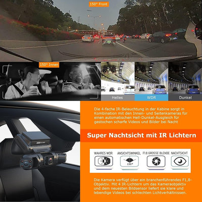 4 Lenti Dashcam Quad 4X1080P Anteriore, Sinistra, Destra E Posteriore Con Parcheggio GPS 24H/7, Visione Notturna IR Dash Cam Auto, 150 ° Angolo Largo WDR 3 Pollici TFT G Sensor Max 256GB D70