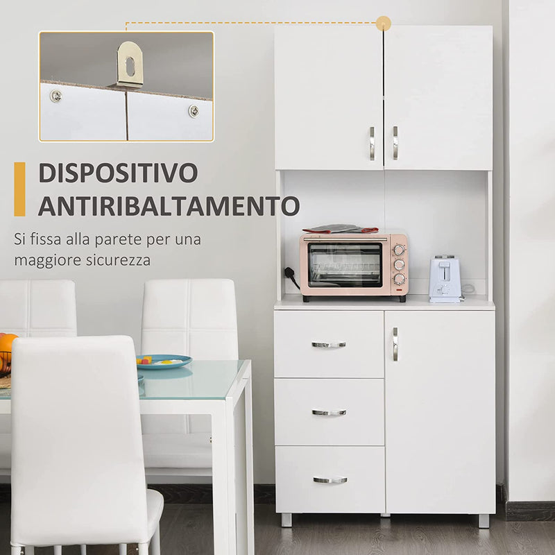 Credenza Moderna in Legno Bianco Con 2 Armadietti, Mensole Regolabili, 1 Ripiano Aperto E 3 Cassetti, 80X39.5X183.5Cm