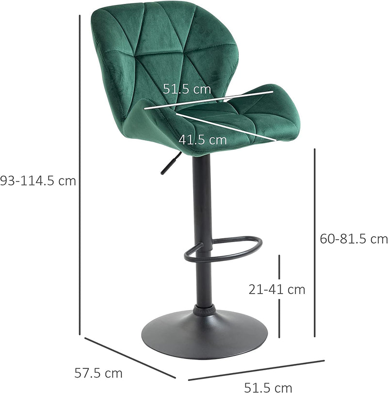 Set 2 Sgabelli Da Bar, Altezza Regolabile Con Base in Metallo E Seduta in Velluto, Sgabelli Moderni Con Schienale E Poggiapiedi, 46X48X83-104Cm, Verde