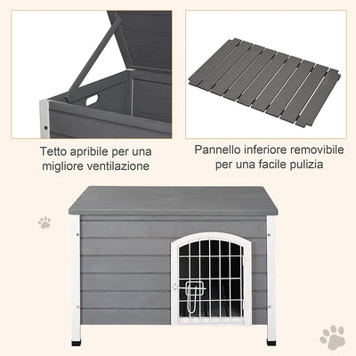 Cuccia per Cani Da Esterno, Casetta per Cani in Legno Impermeabile Con Porta Richiudibile E Rimovibile, 80X55X53.5 Cm, Grigia