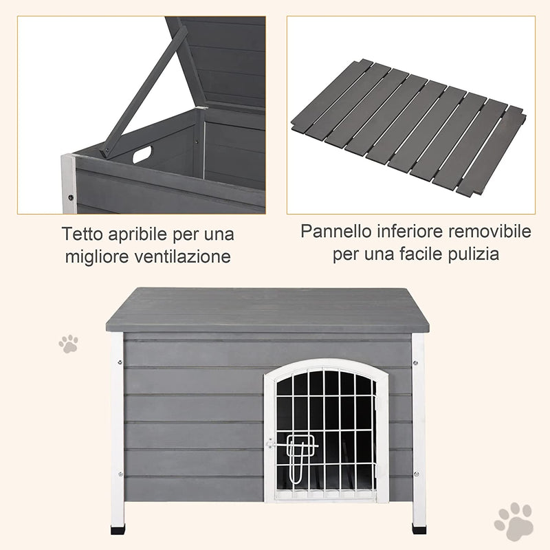 Cuccia per Cani Da Esterno, Casetta per Cani in Legno Impermeabile Con Porta Richiudibile E Rimovibile, 80X55X53.5 Cm, Grigia