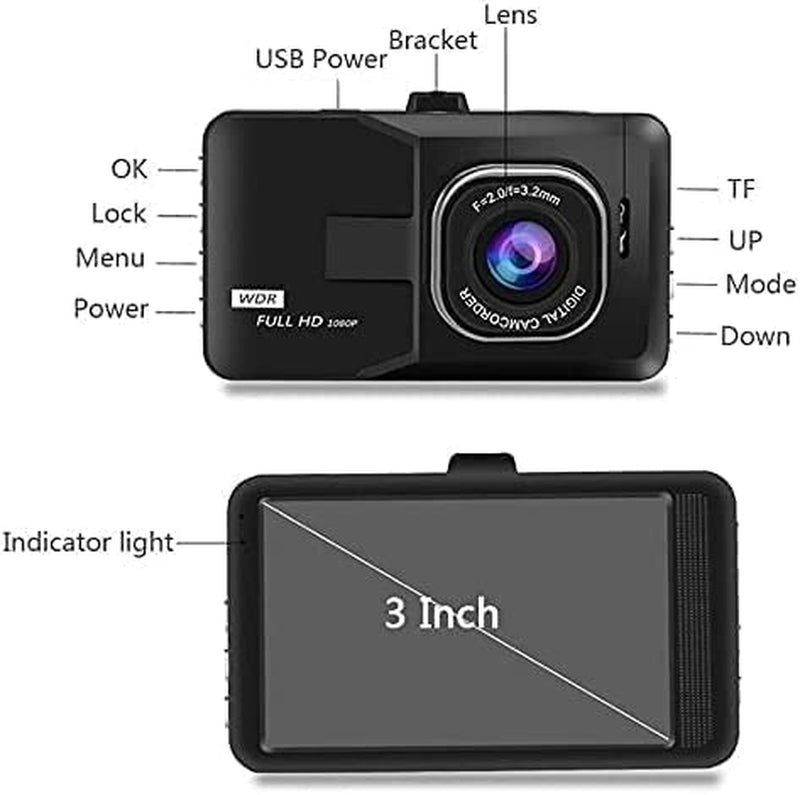 Dash Cam Telecamera per Auto 1080P Full HD Dashcam LCD 3 Pollici WDR, Grandangolo Di 170°, G-Sensor, Registrazione in Loop, Monitor Di Parcheggio