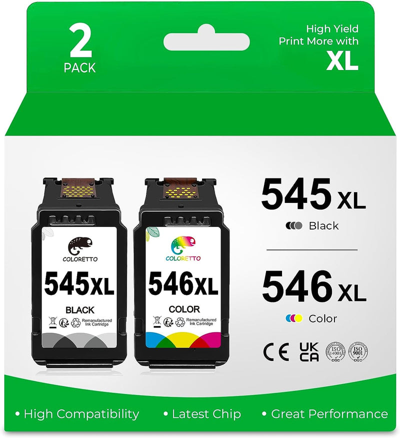 Cartuccia Inchiostro Stampante Rigenerata Di Ricambio per Canon PG-545XL,CL-546XL 545 546 XL (1 Nero, 1 Tricromia) Compatibile Con Pixma MG2555S Ip2850 MG2450 MG2550S MG2950 MG3050 MG3051