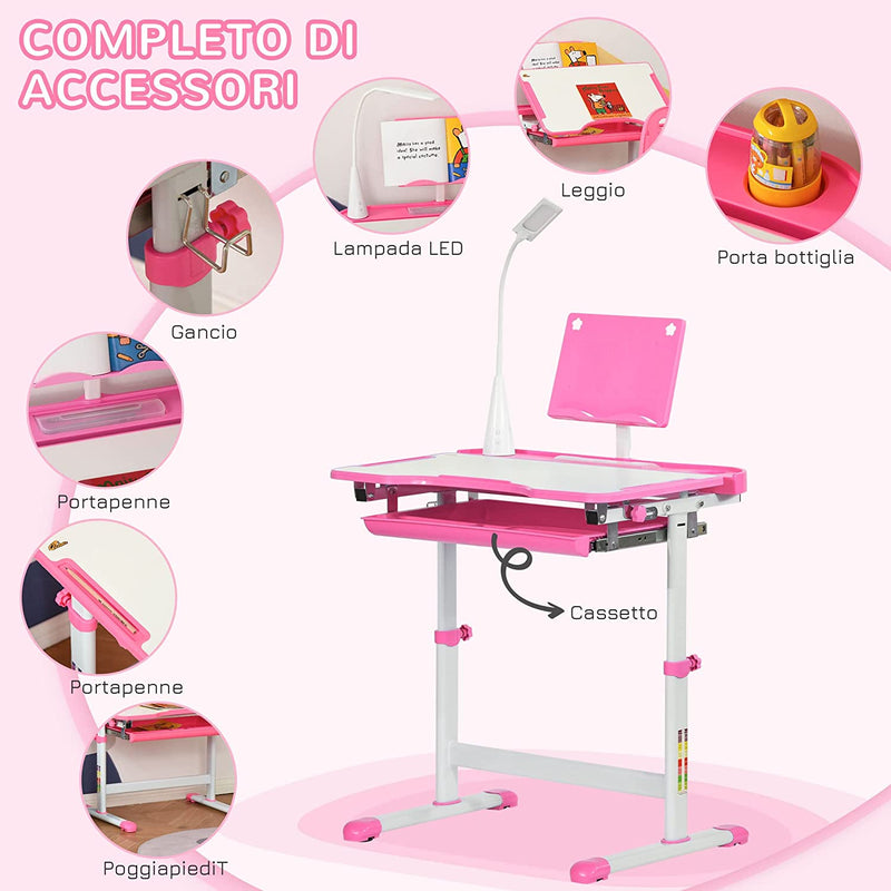 Banco Scuola Con Sedia per Bambini 6-12 Anni Altezza Regolabile, Piano Inclinabile a 45° E Lampada LED, Acciaio E MDF, Rosa