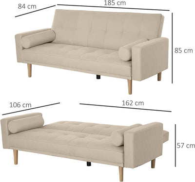 Divano Letto 3 Posti Con Schienale Regolabile Su 3 Livelli, 2 Cuscini E Braccioli Rimovibili, Beige, 185X84X85Cm