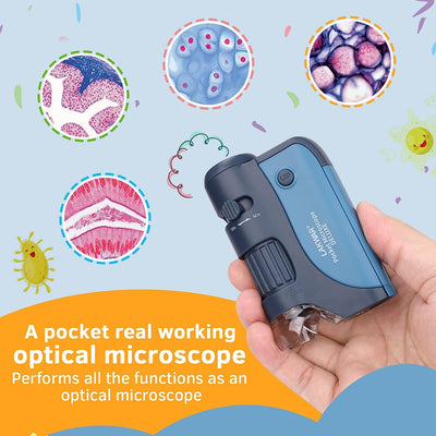 Microscopio Portatile per Bambini 60-120X, Mini Microscopio Tascabile Illuminato LED & UV, Con Vetrini per Microscopio Preparati 5