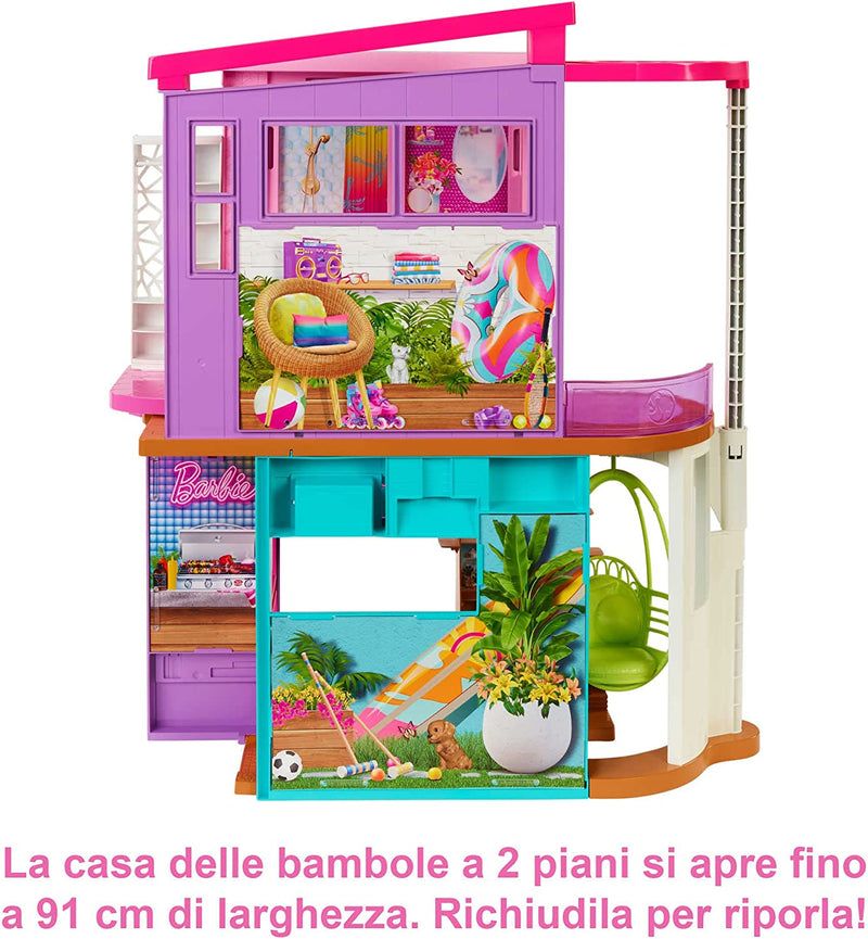 -  Casa Di Malibu (106 Cm) Playset Casa Delle Bambole Con 2 Piani, 6 Stanze, Ascensore Altalena E Più Di 30 Pezzi, Giocattolo per Bambini 3+ Anni, HCD50