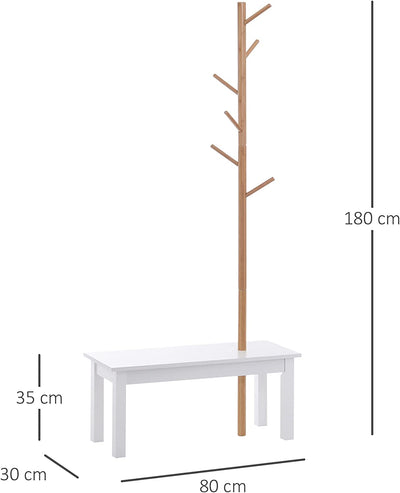 Panca Appendiabiti Attaccapanni per Ingresso Camera Da Letto, Bambù, Bianco Legno, 80X30X180Cm