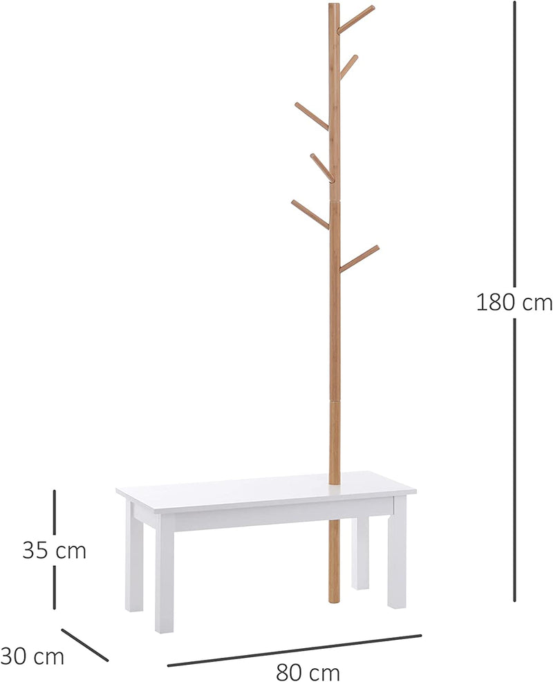 Panca Appendiabiti Attaccapanni per Ingresso Camera Da Letto, Bambù, Bianco Legno, 80X30X180Cm