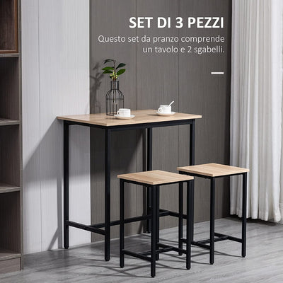 Set 3 Pezzi Con Tavolo E 2 Sgabelli Da Cucina Stile Industriale, Arredamento Moderno per Soggiorno E Salotto, Legno Naturale E Nero