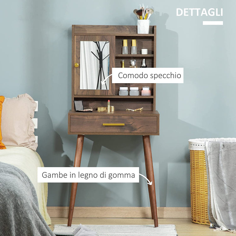 Tavolo Da Trucco Con Specchio in Legno, Cassetto E 4 Ripiani Salvaspazio, 60X45X134Cm, Color Noce