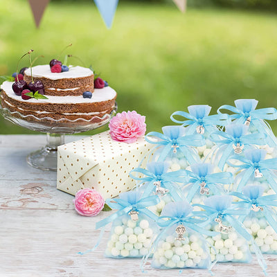 50Pz Sacchetti Battesimo Bomboniere Bambino Blu 50Pz Ciondoli Battesimo Bimbo Sacchetti Portaconfetti Organza Regalo Addobbi Decorazione Nascita Battessimo Compleanno Feste Bambino