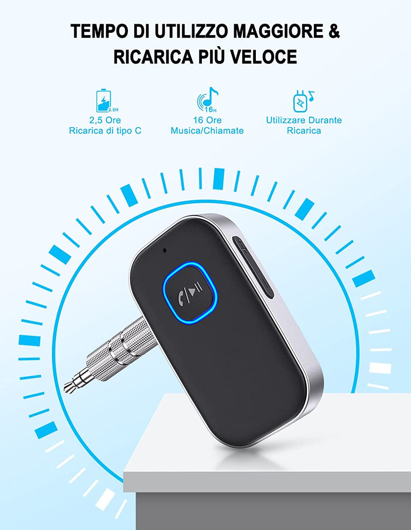 Ricevitore Bluetooth 5.0, Bluetooth Auto Aux Cancellazione Del Rumore, Aux Bluetooth Autonomia Di 16 Ore per Auto Altoparlanti/Stereo Casa/Cuffie Cablate/Chiamate in Vivavoce, Nero