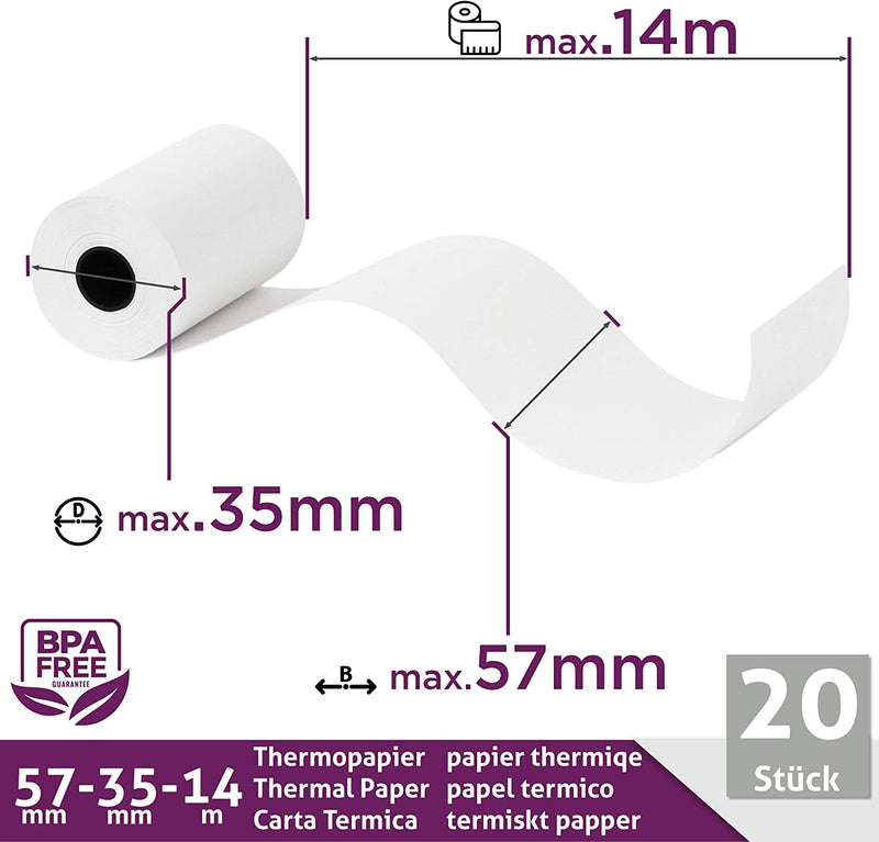 Rotoli Pos 57Mm X 14M X 12Mm - Rotolo Di Carta Termica per Ricevute Bancomat – Rotolini per Dispositivi Pos 57X35X12 (20 Rotoli)