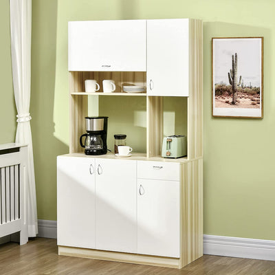 Mobile Buffet a 4 Porte per Cucina Con 3 Armadietti, Cassetto, Pensile E Piano D'Appoggio in Truciolato, 102X48X180Cm, Bianco E Color Legno