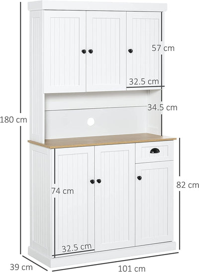 Mobile Cucina in Legno Con Armadietti E Cassetto, Credenza Stile Country Con Mensole Regolabili, 101X39X180Cm, Bianco