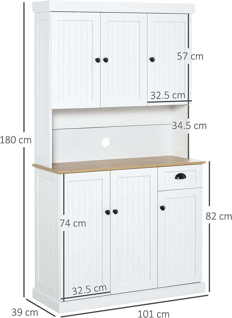 Mobile Cucina in Legno Con Armadietti E Cassetto, Credenza Stile Country Con Mensole Regolabili, 101X39X180Cm, Bianco