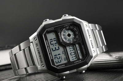 Business Steel Belt Electronic Watch Double Display Multi-Function Sports Waterproof Watch