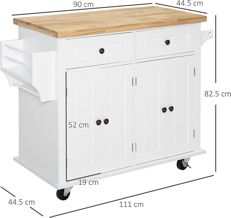 Carrello Da Cucina Portavivande Con Cassetti, Armadietti, Portaspezie E 4 Ruote, Legno, 111X44.5X82.5Cm, Bianco