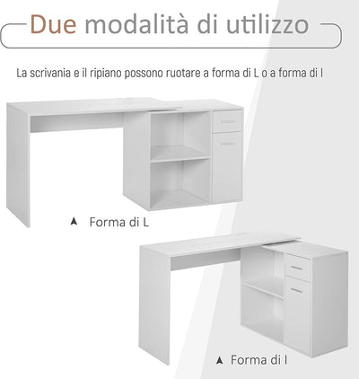 Scrivania Angolare Con Libreria Scaffale in Legno Bianco, Tavolo Da Pranzo per Computer Con Rotazione a 180°, 173X39.8X74 Cm