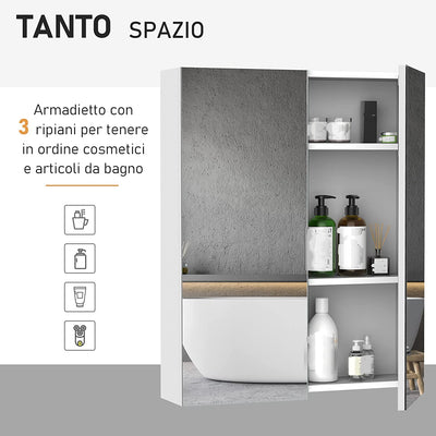 Armadietto Pensile Da Bagno Due Ante Frontali Con Specchiera E 2 Ripiani Interni MDF Bianco (60 X 15 X 75 Cm)