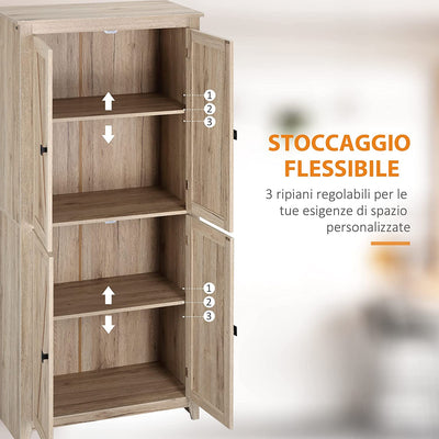 Credenza Moderna a 4 Ante Con Mensole Regolabili E Base Rialzata, Mobile Cucina in Legno 80X40X182Cm, Colore Naturale