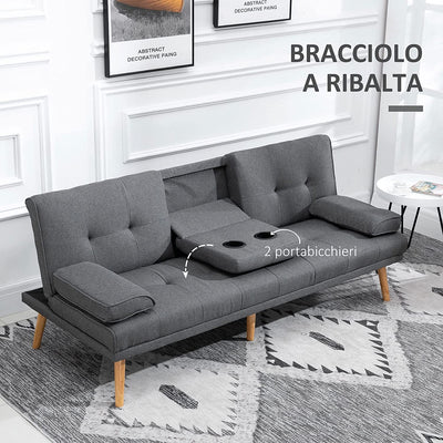 Divano Letto 3 Posti Reclinabile Con 2 Braccioli Staccabili E Tappetino Antiscivolo, in Tessuto Effetto Lino E Legno Di Pioppo, 181X77X78 Cm, Grigio Scuro